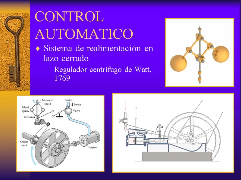 Sistema de realimentación en lazo cerrado Regulador centrífugo de Watt, 1769 CONTROL AUTOMATICO